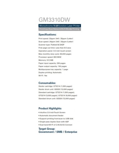 G&G GM3310DW LASER PRINTER MULTIFUNCTION WITH...
