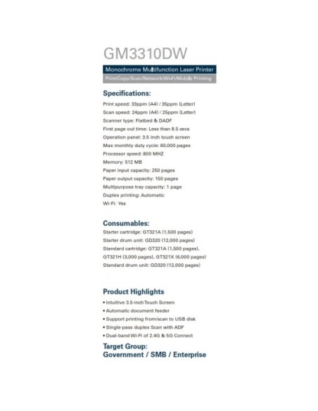 G&G GM3310DW LASER PRINTER MULTIFUNCTION WITH DUPLEX ADF