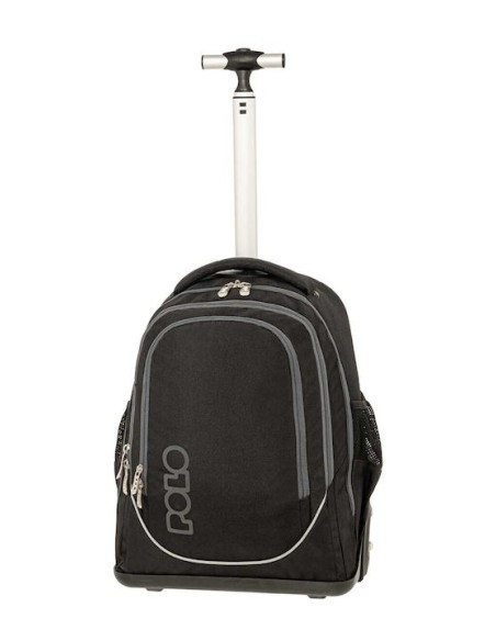Polo Trolley Cart Σχολική Τσάντα Τρόλεϊ Δημοτικού Μαύρη με Θήκη για Παγούρι 30lt